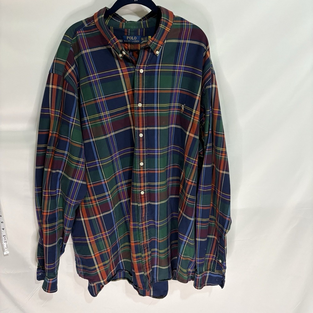 Polo Ralph Lauren Shirt Mens Size 3XL Blue Green Plaid Cotton Long Sleeve USA